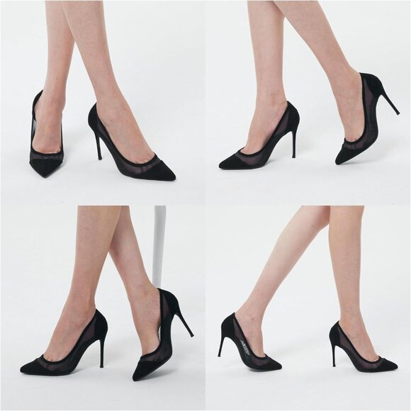 Women Black Mesh Polyurethane Closed Pointed Toe Stiletto High Heel Shoes Pumps - Picture 3 of 10